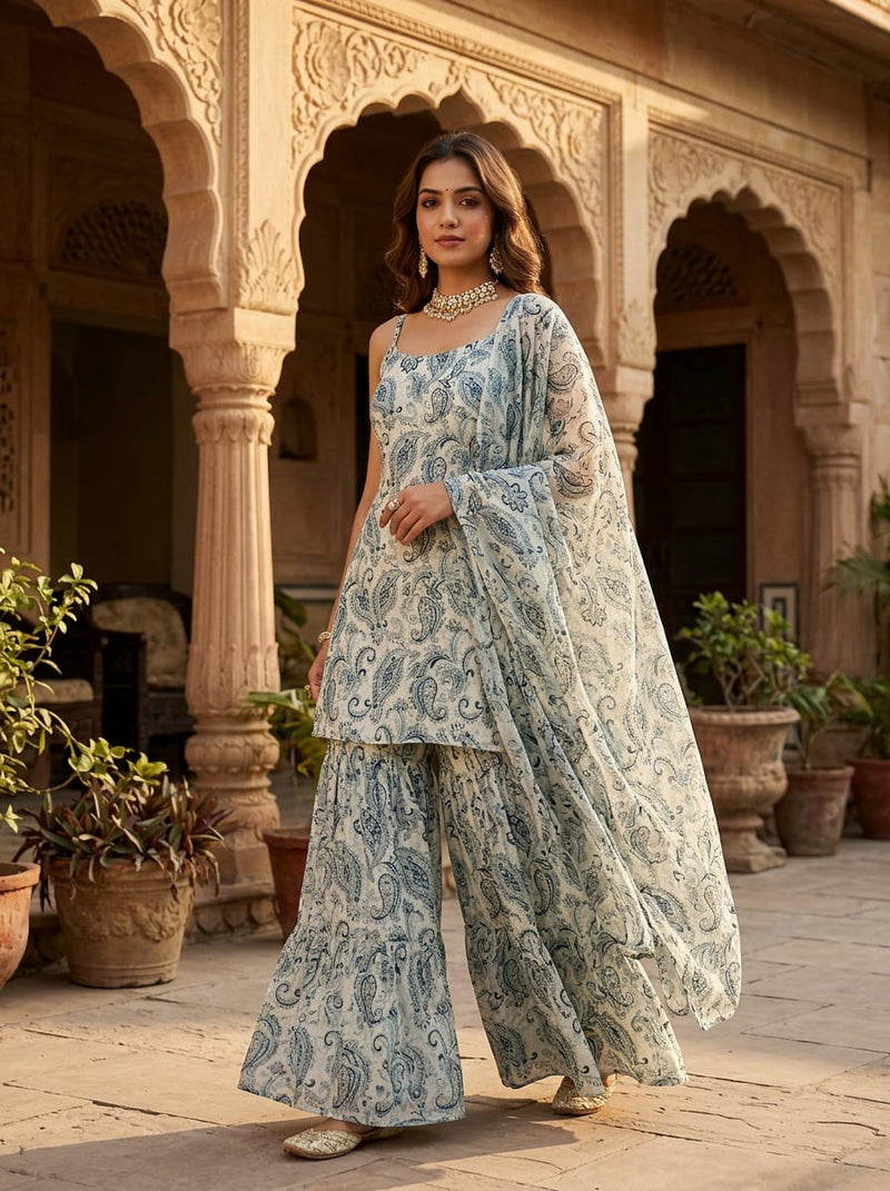 Cream Classic Blue Paisley Weightless Digital Printed Fabric