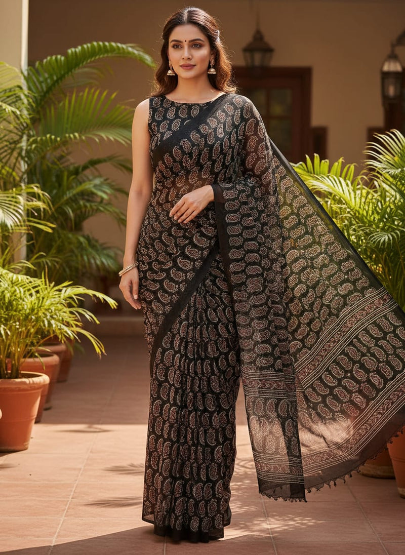 Black Ethnic Paisley Pattern Pure Chiffon Digital Printed Fabric