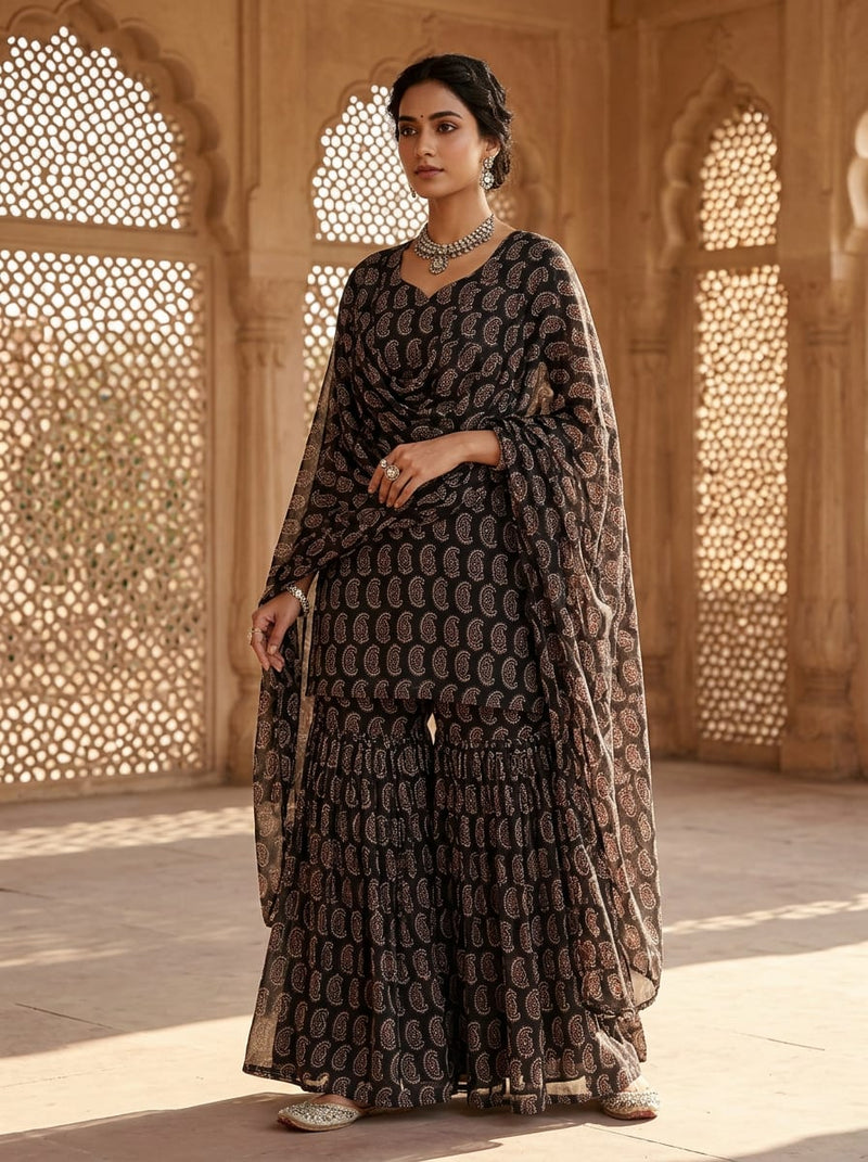 Black Ethnic Paisley Pattern Pure Chiffon Digital Printed Fabric