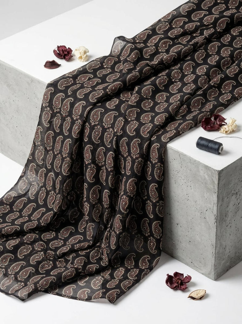 Black Ethnic Paisley Pattern Pure Chiffon Digital Printed Fabric