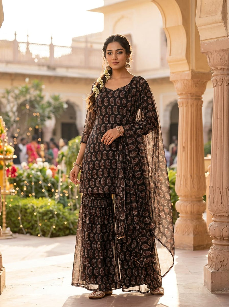 Black Ethnic Paisley Pattern Pure Chiffon Digital Printed Fabric