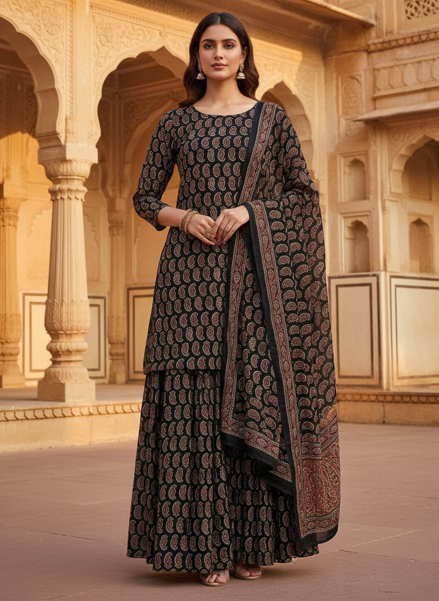 Black Classic Paisley Print Pure Georgette Digital Printed Fabric