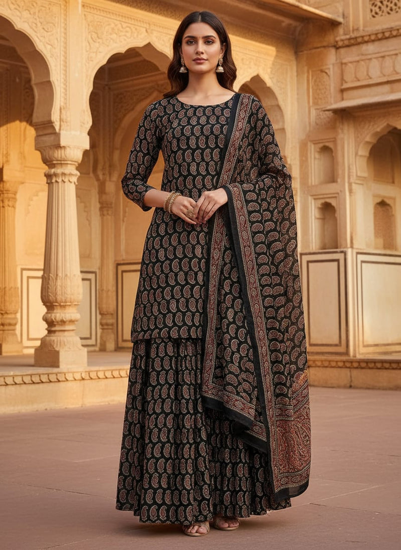 Black Classic Paisley Print Pure Georgette Digital Printed Fabric