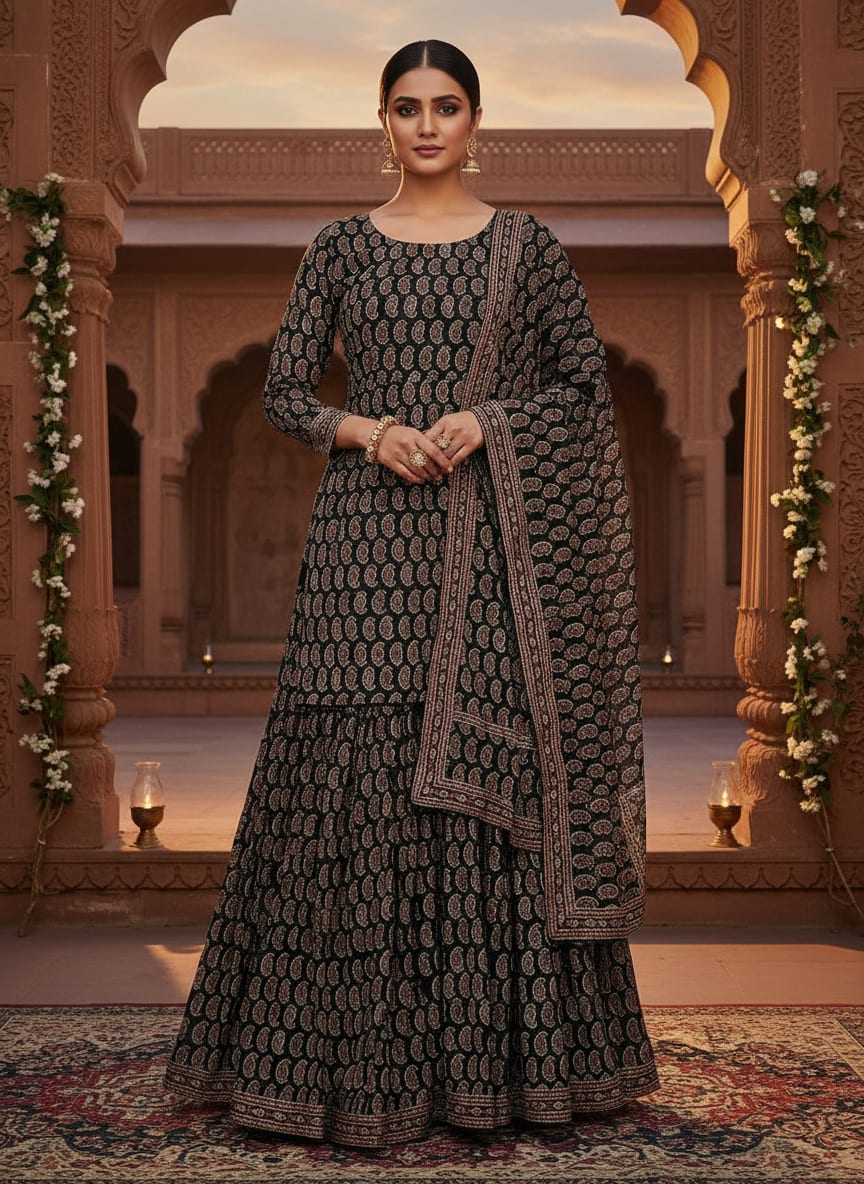 Black Classic Paisley Print Pure Georgette Digital Printed Fabric