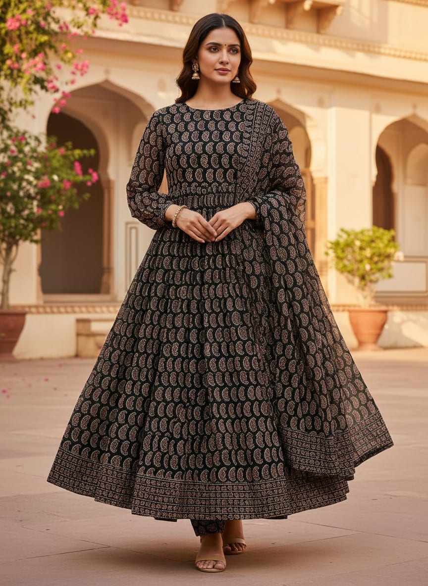 Black Classic Paisley Print Pure Georgette Digital Printed Fabric