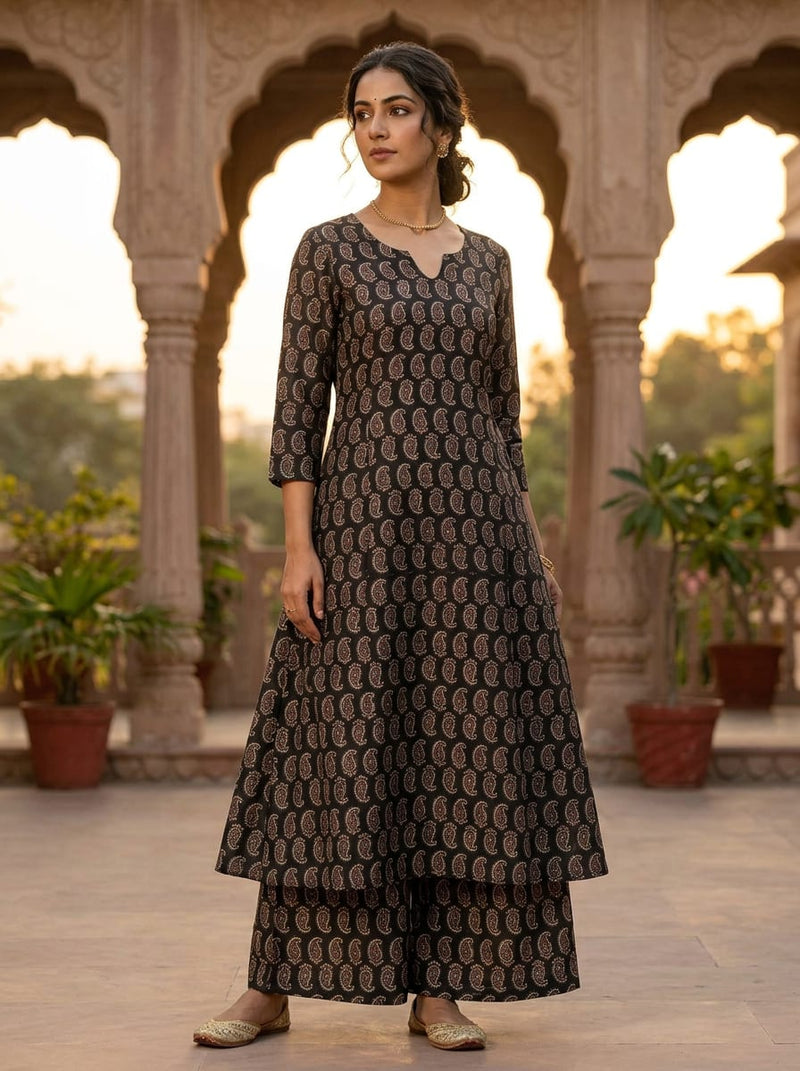 Black Ethnic Paisley Motif Tusser Silk Digital Printed Fabric