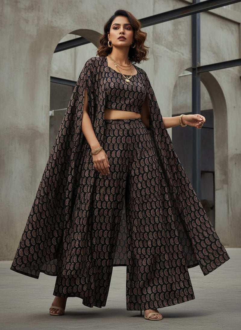 Black Ethnic Paisley Motif Tusser Silk Digital Printed Fabric