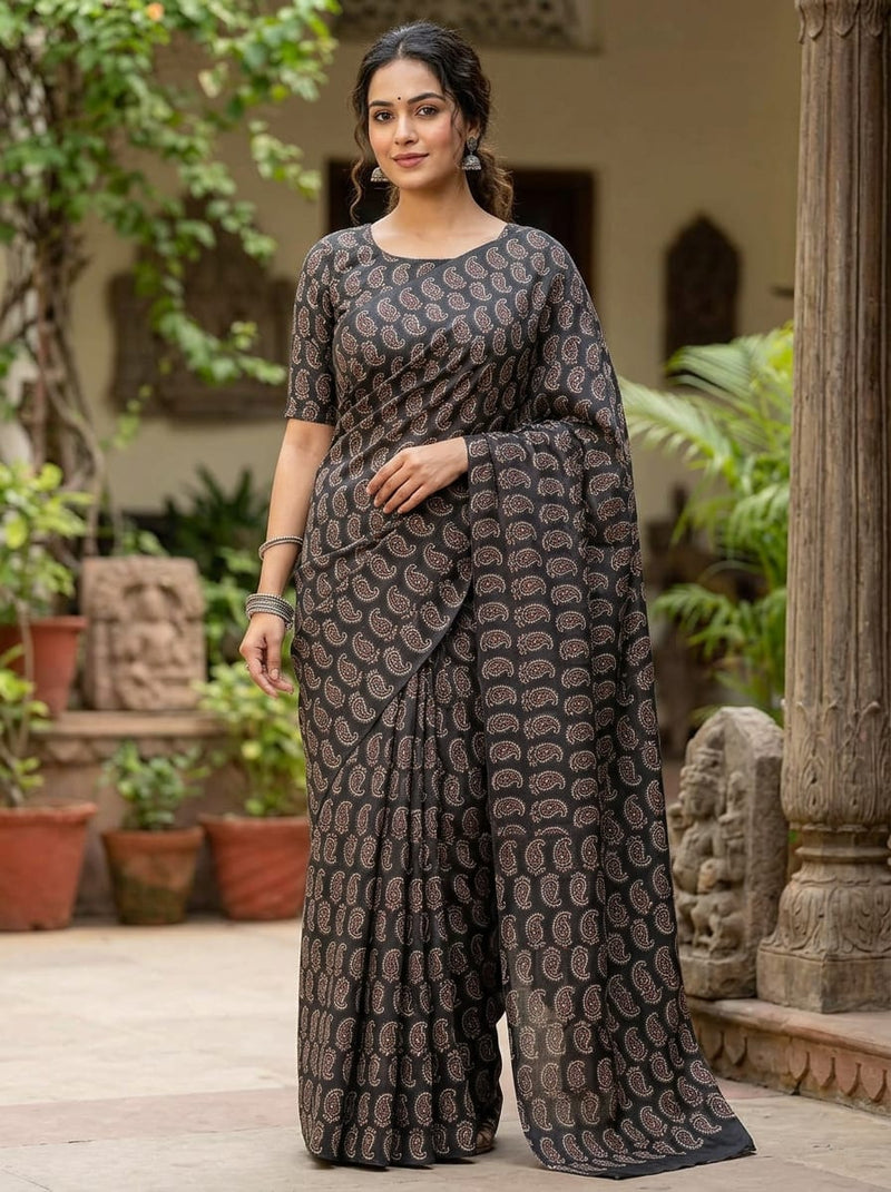 Black Ethnic Paisley Motif Tusser Silk Digital Printed Fabric