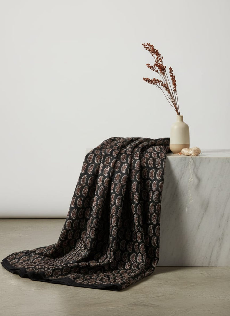 Black Ethnic Paisley Motif Tusser Silk Digital Printed Fabric
