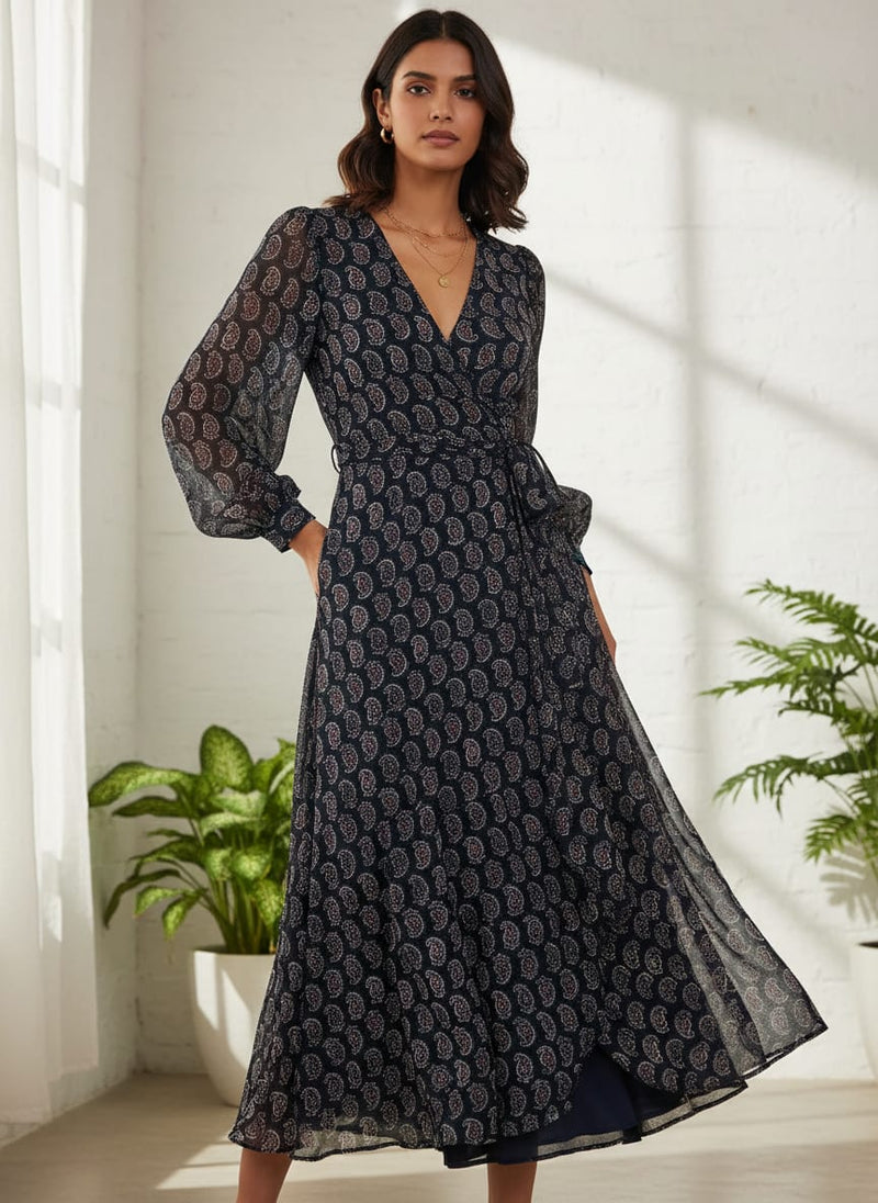 Navy Classic Small Paisley Weightless Digital Printed Fabric