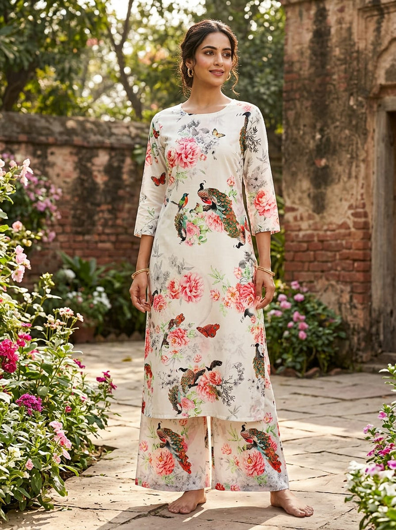 Multicolor Peacock and Peony Floral Pure Cotton Digital Printed Fabric