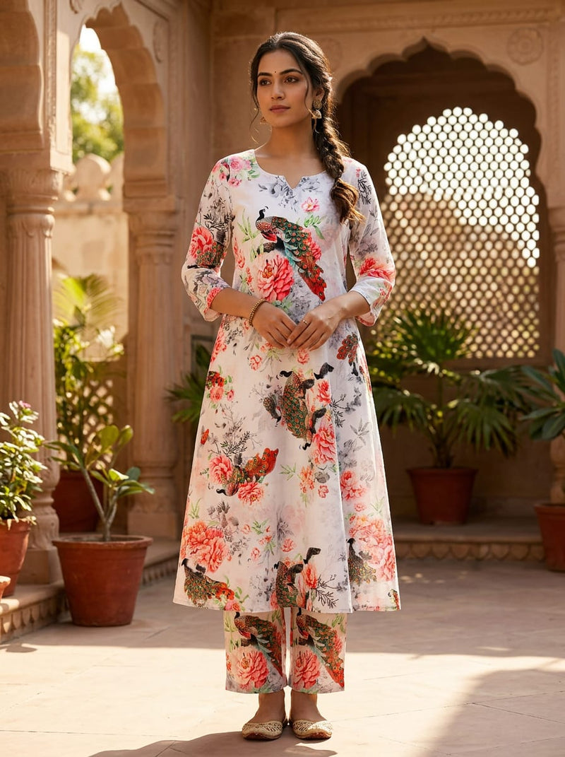 Multicolor Peacock and Peony Floral Pure Cotton Digital Printed Fabric