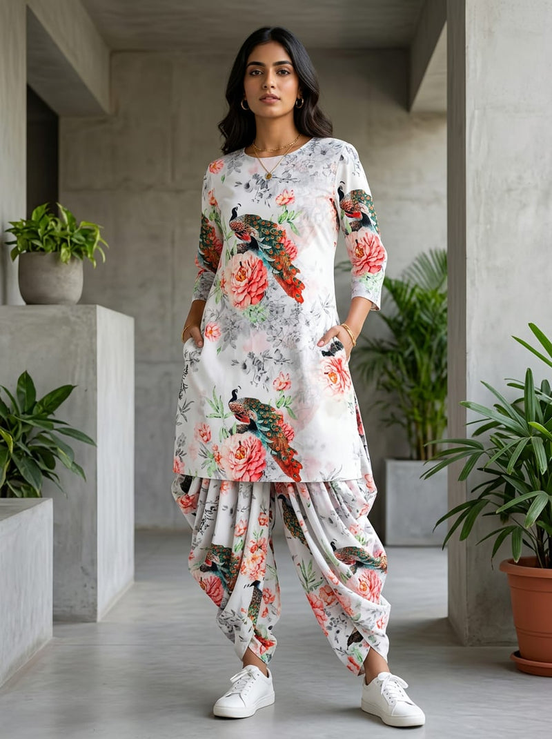 Multicolor Peacock and Peony Floral Pure Cotton Digital Printed Fabric