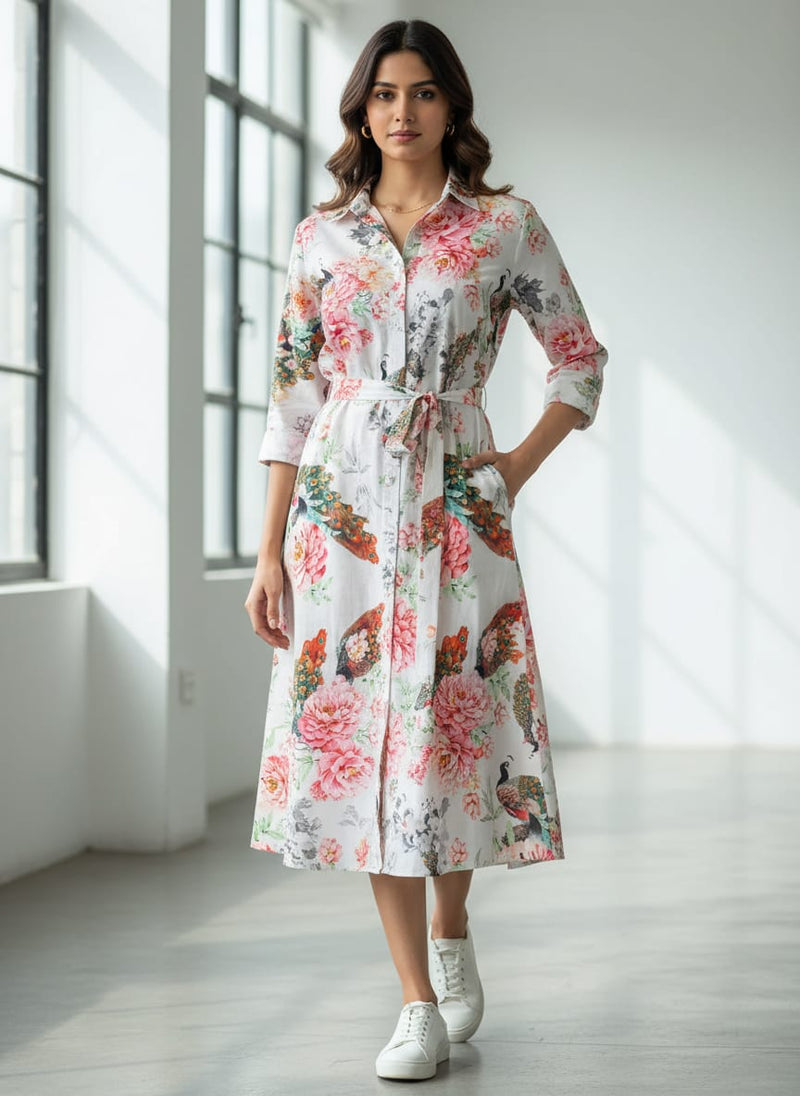 Multicolor Peacock and Peony Floral Pure Cotton Digital Printed Fabric
