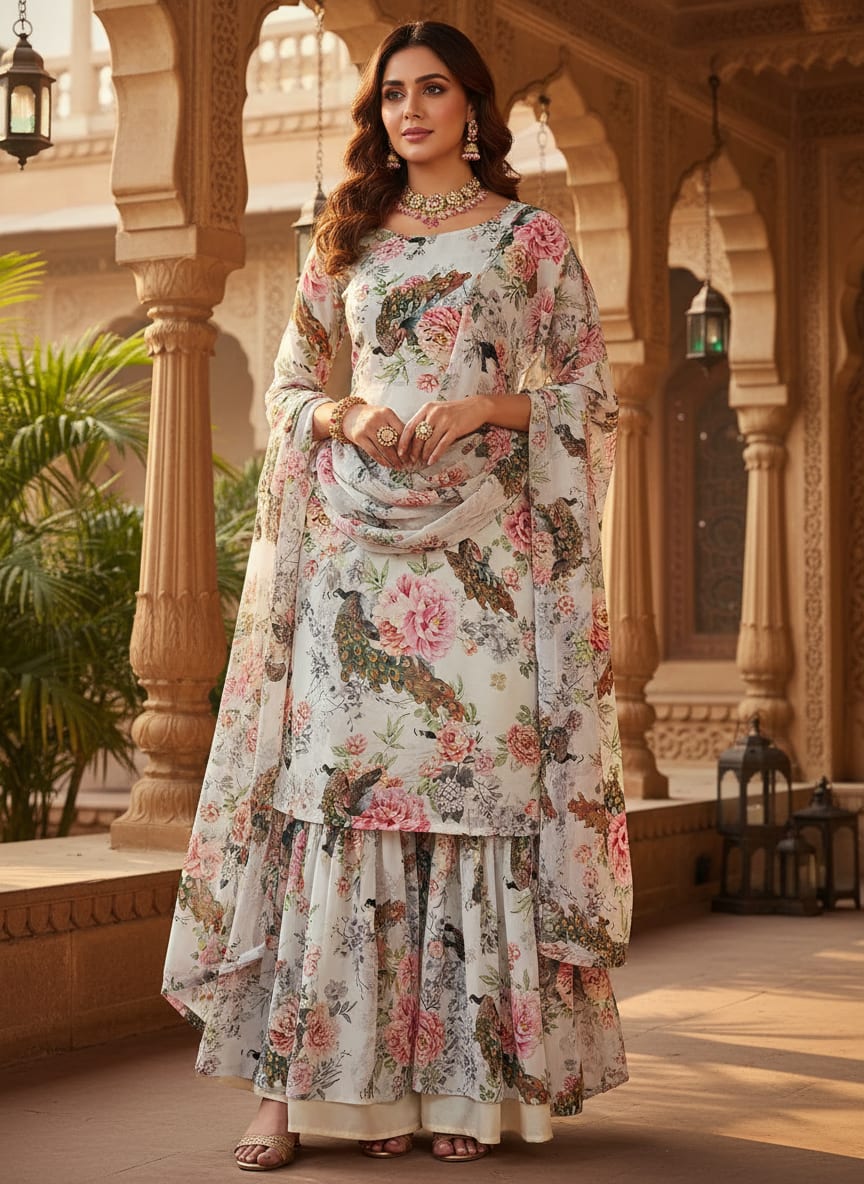 Experience the ethereal dance of peacocks and peonies on this exquisitely light fabric.