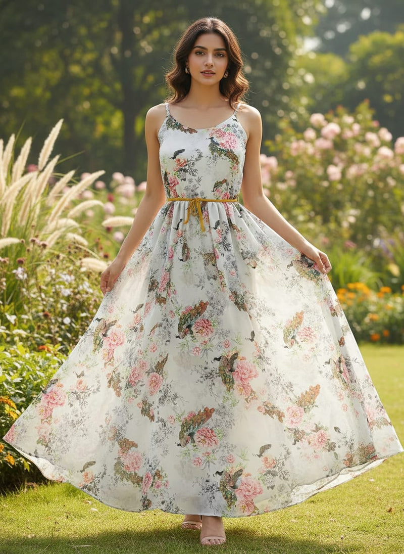 Multicolor Regal Peacock and Floral Garden Pure Chiffon Digital Printed Fabric