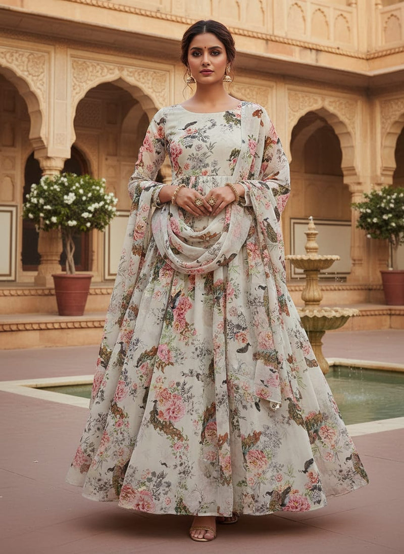 Multicolor Regal Peacock and Floral Garden Pure Chiffon Digital Printed Fabric