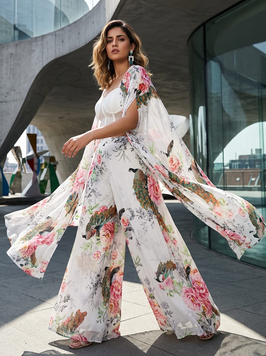 Experience the ethereal dance of peacocks and peonies on this exquisitely light fabric.