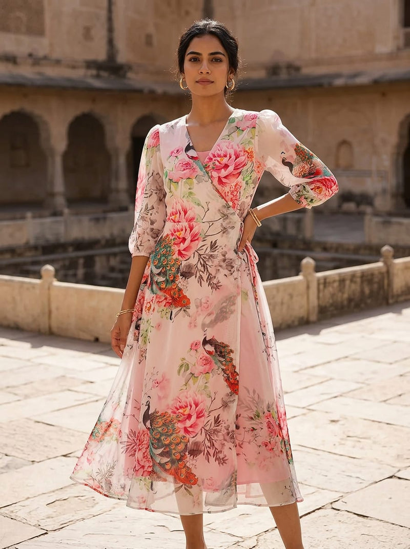 Multicolor Watercolour Peacock and Peony Floral Pure Georgette Digital Printed Fabric