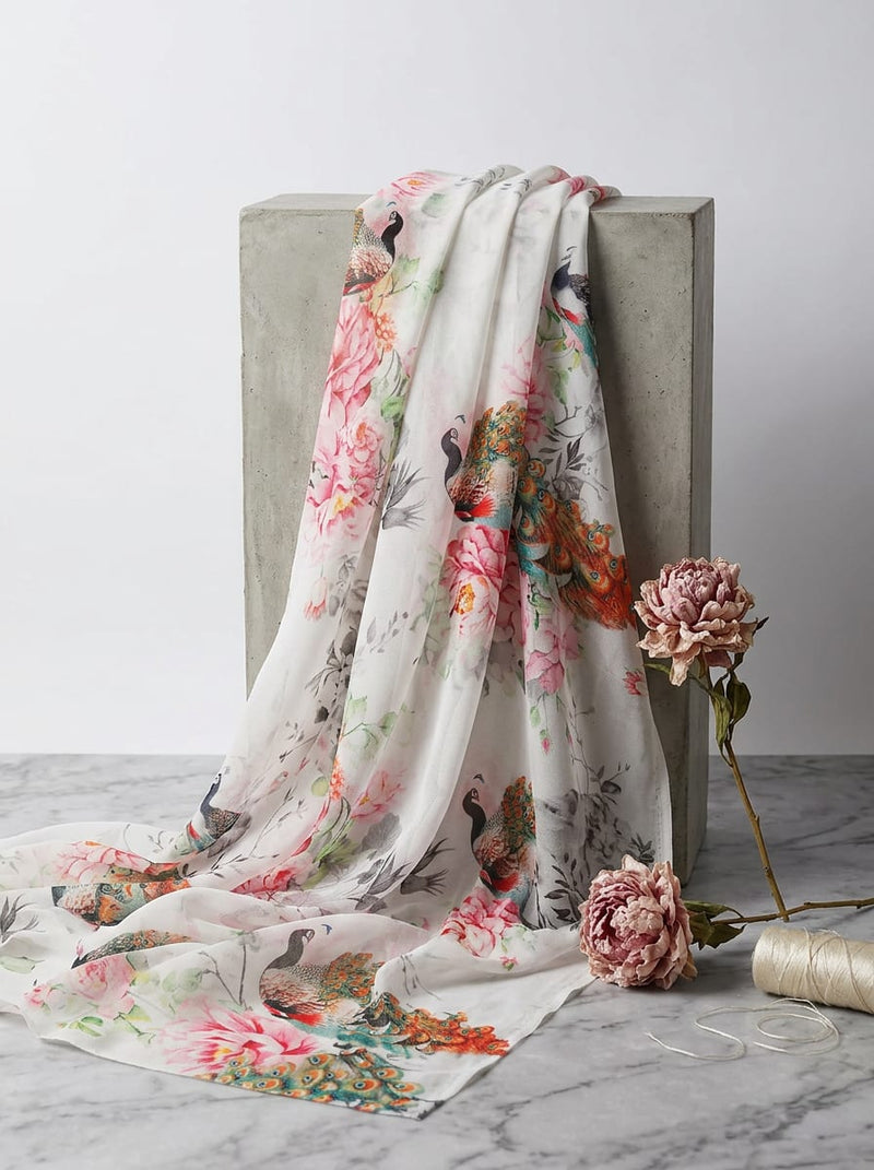 Multicolor Watercolour Peacock and Peony Floral Pure Georgette Digital Printed Fabric