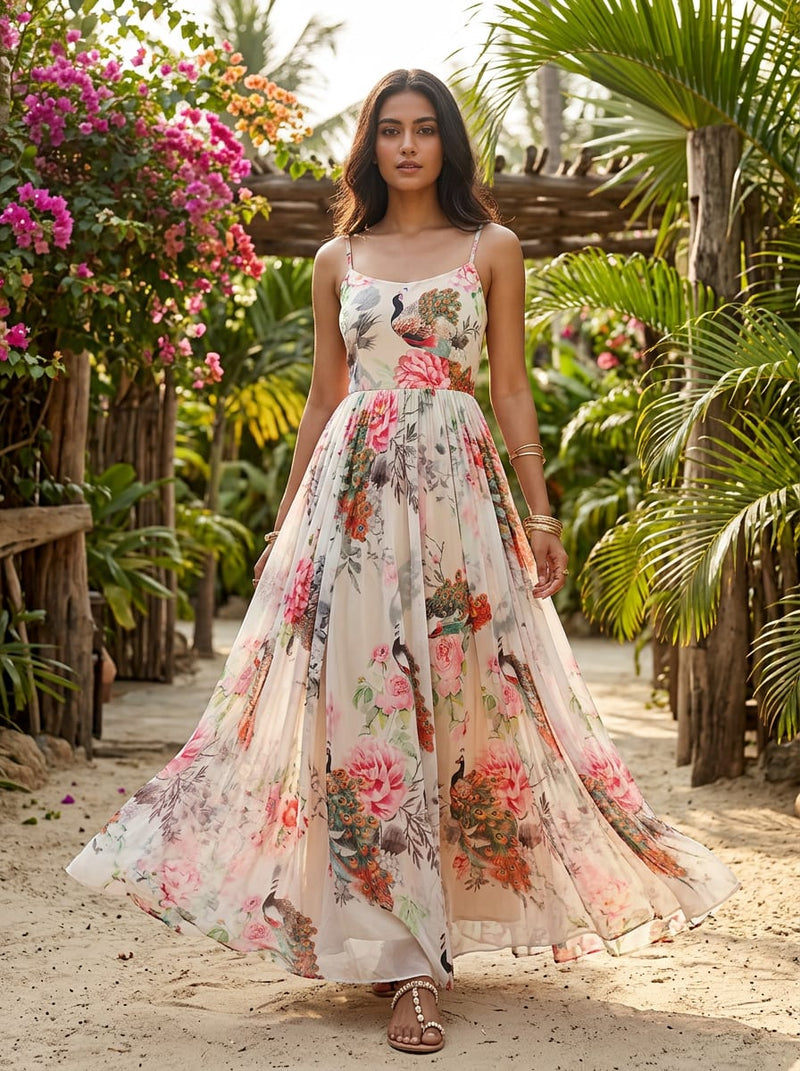 Multicolor Watercolour Peacock and Peony Floral Pure Georgette Digital Printed Fabric