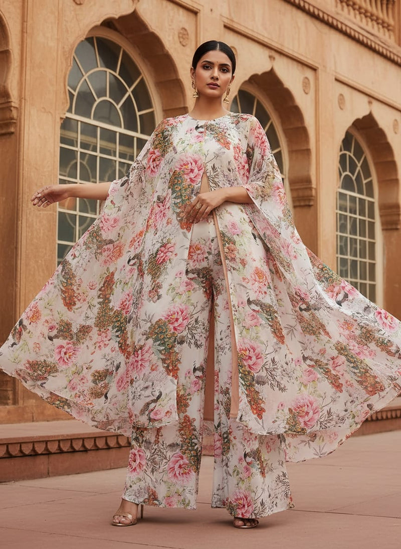 Multicolor Watercolour Peacock and Peony Floral Pure Georgette Digital Printed Fabric