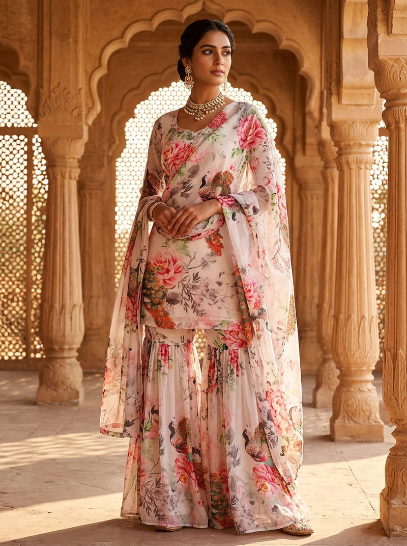 Multicolor Watercolour Peacock and Peony Floral Pure Georgette Digital Printed Fabric