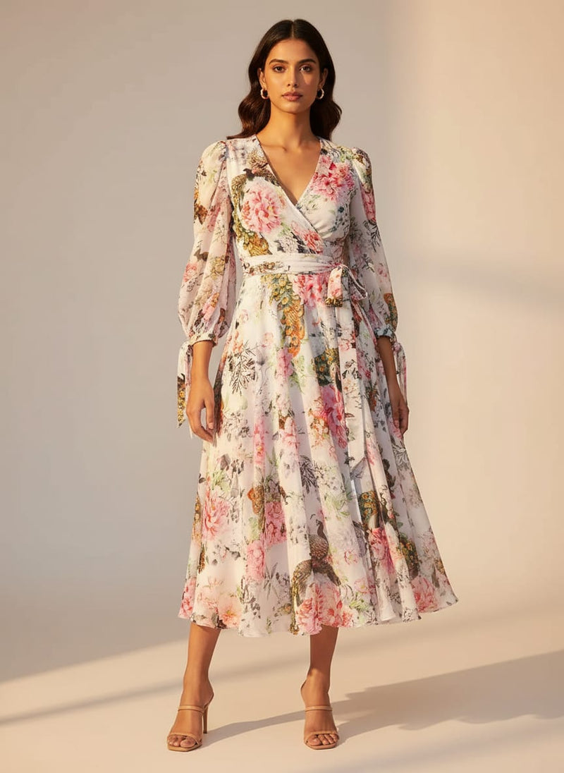 Multicolor Peacock and Peony Floral Weightless Digital Printed Fabric