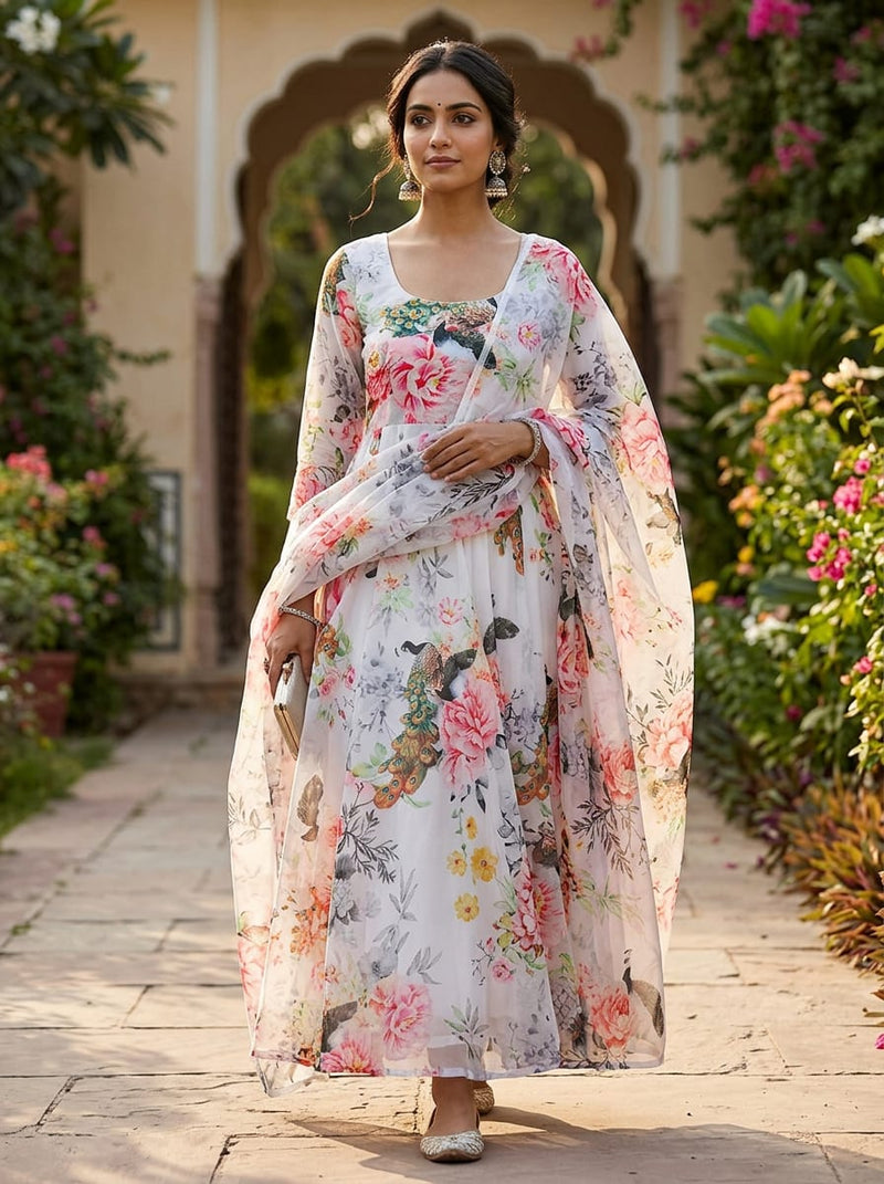 Multicolor Peacock and Peony Floral Weightless Digital Printed Fabric