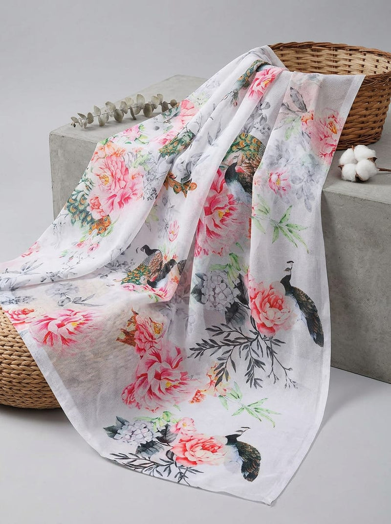 Multicolor Peacock and Peony Floral Weightless Digital Printed Fabric