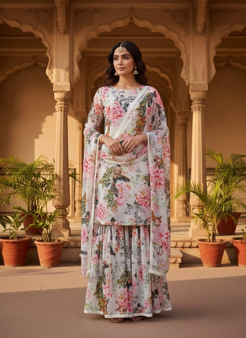 Multicolor Peacock and Peony Floral Weightless Digital Printed Fabric