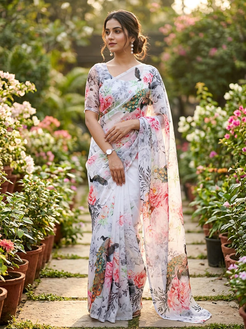 Multicolor Peacock and Peony Floral Weightless Digital Printed Fabric