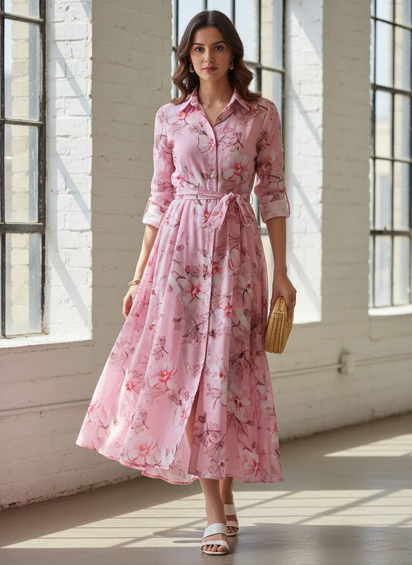 Pink Watercolor Orchid Floral Pure Cotton Digital Printed Fabric - Shirt Dress Lookbook - PCO-0-0TA05260-PINK-108 - alternate view