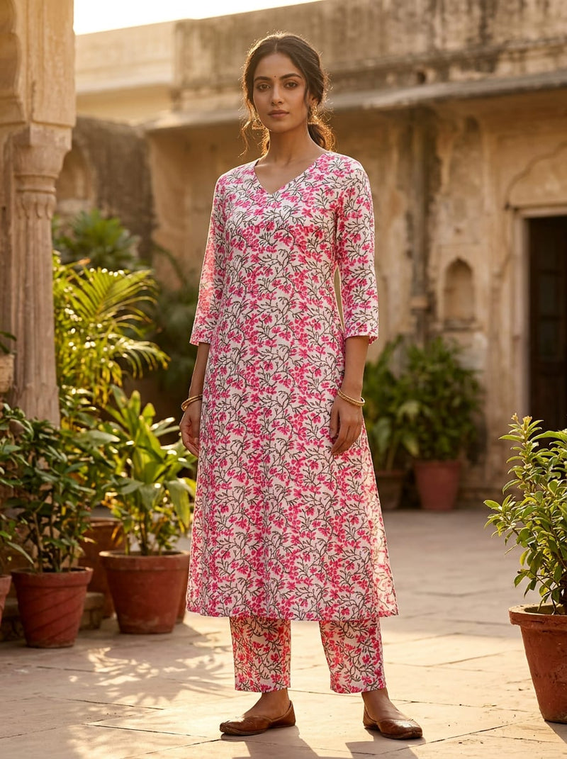 Pink Small Floral Jaal Pure Cotton Digital Printed Fabric