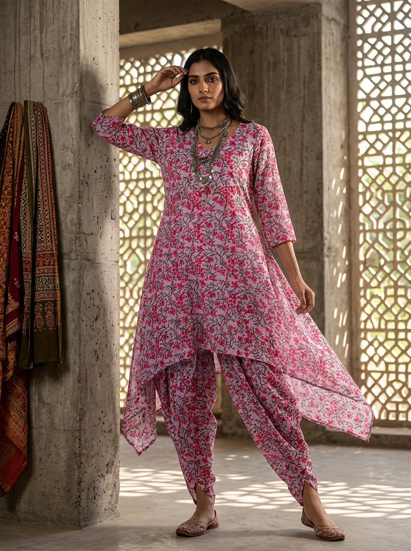 Pink Small Floral Jaal Pure Cotton Digital Printed Fabric