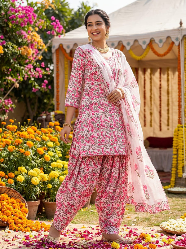 Pink Small Floral Jaal Pure Cotton Digital Printed Fabric - Patiala Salwar Set Lookbook - PCO-0-MA09647-108 - alternate view