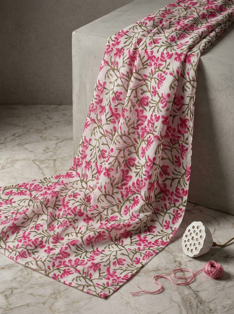 Pink and White Ethnic Floral Vine Print Muslin Digital Printed Fabric