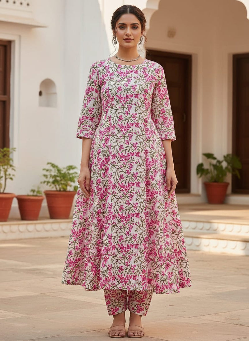 Pink and White Ethnic Floral Vine Print Muslin Digital Printed Fabric
