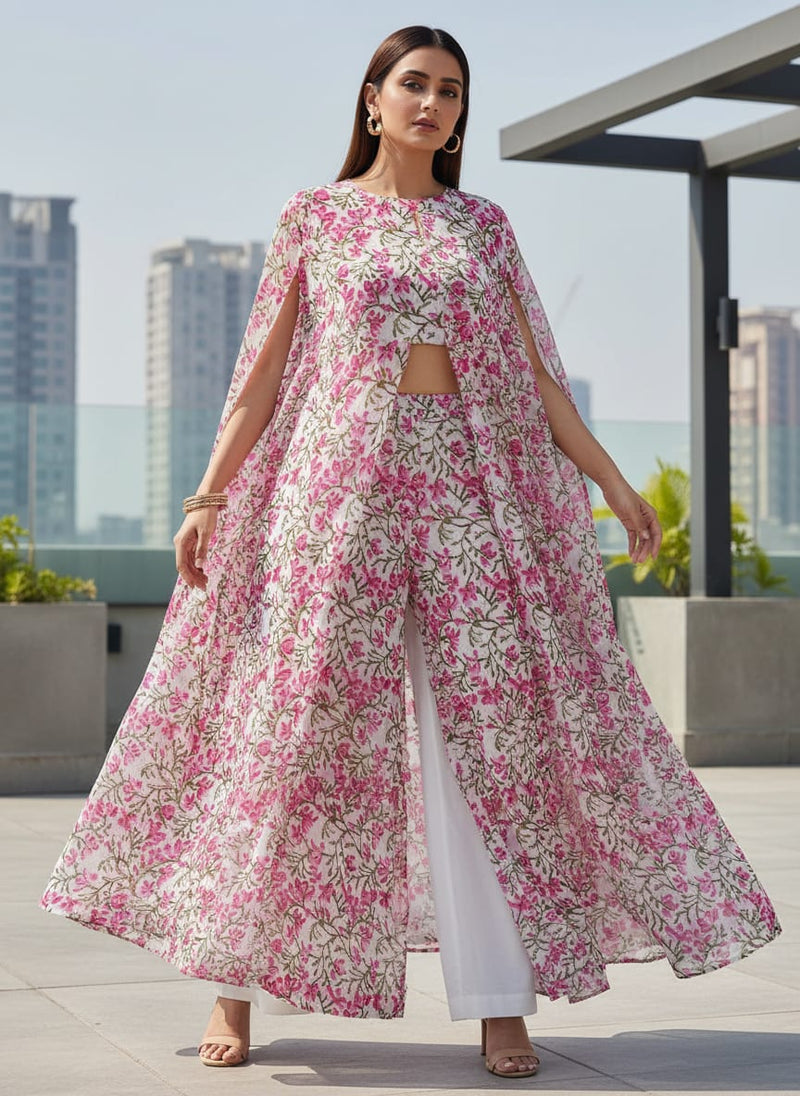 Pink Jaal Floral Vine Pure Chiffon Digital Printed Fabric