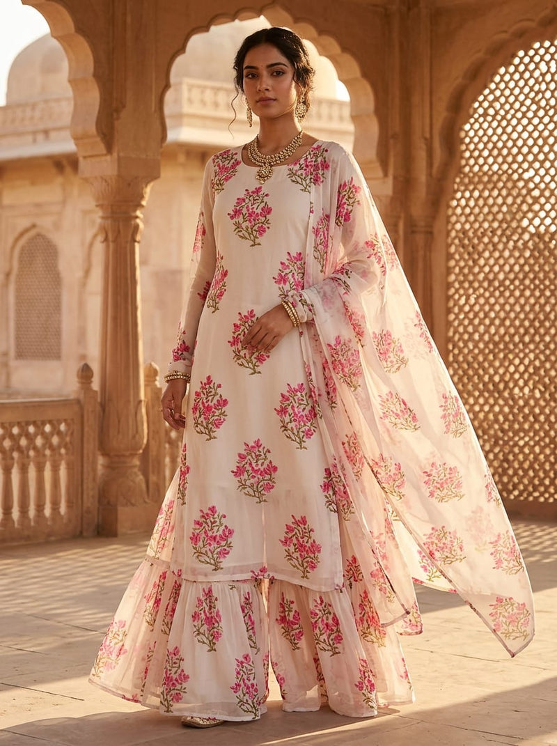 Pink Jaal Floral Vine Pure Chiffon Digital Printed Fabric