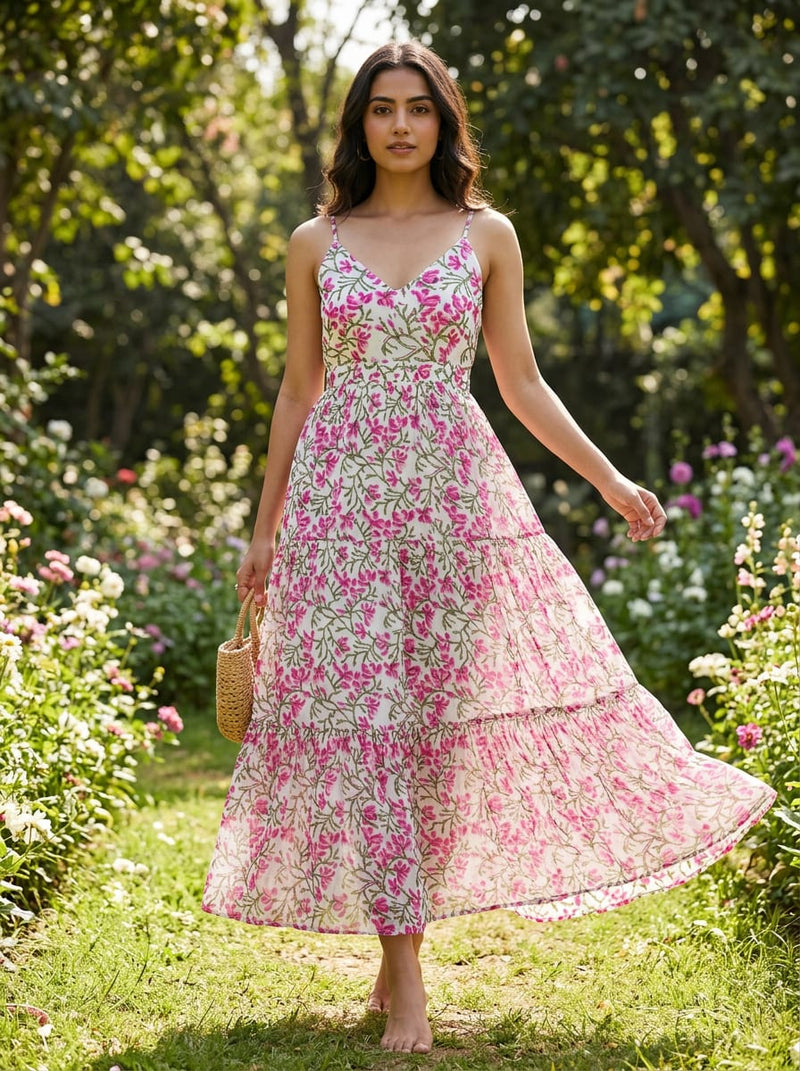 Pink Jaal Floral Vine Pure Chiffon Digital Printed Fabric