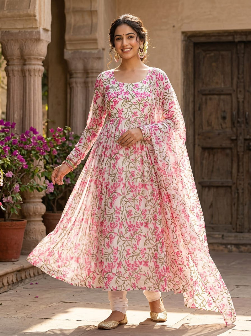 Pink Jaal Floral Vine Pure Chiffon Digital Printed Fabric