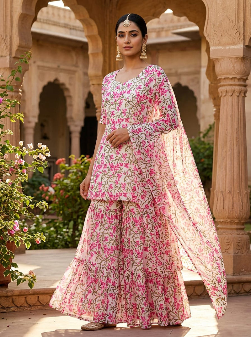 Pink Jaal Floral Vine Pure Chiffon Digital Printed Fabric