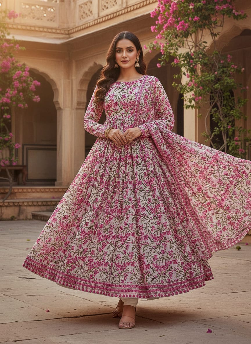 Pink Floral Vine Jaal Pure Georgette Digital Printed Fabric
