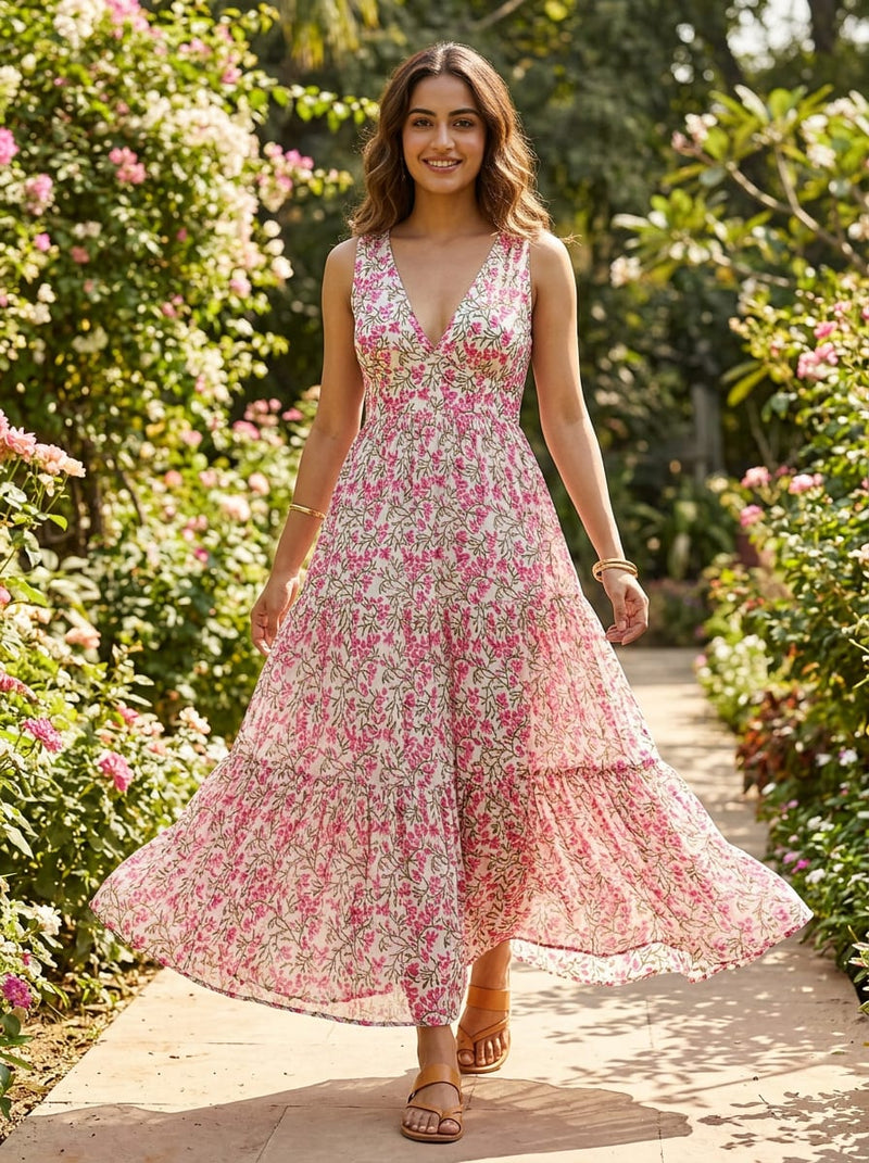 Pink Floral Vine Jaal Pure Georgette Digital Printed Fabric