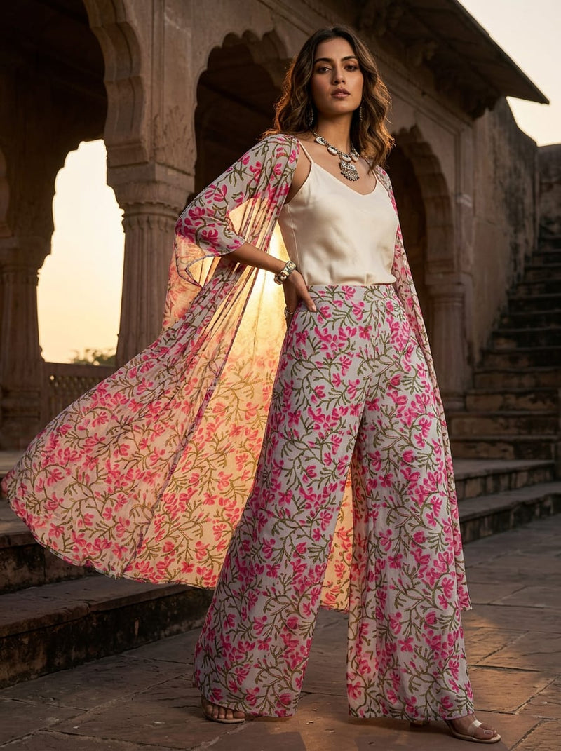 Pink Floral Vine Jaal Pure Georgette Digital Printed Fabric