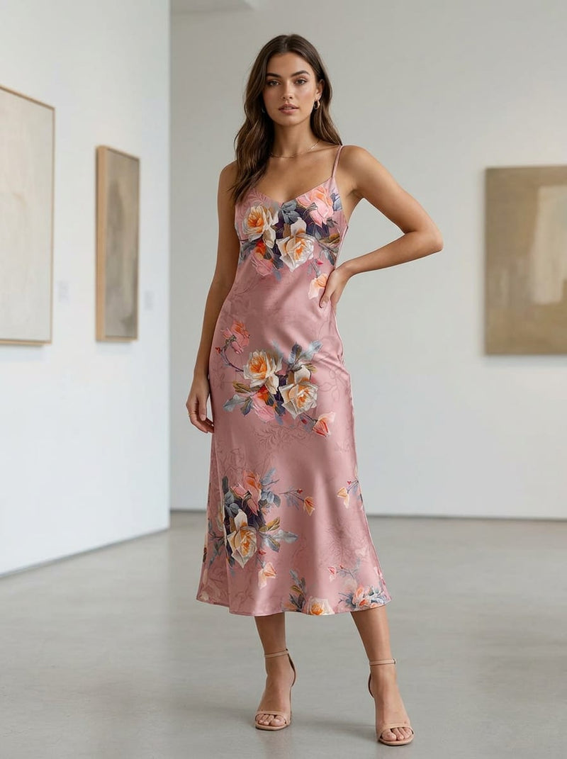 Pink Romantic Vintage Rose Floral Jam Satin Digital Printed Fabric