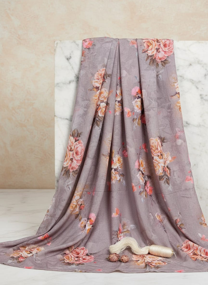 Grey Painterly Rose Floral Pure Cotton Digital Printed Fabric