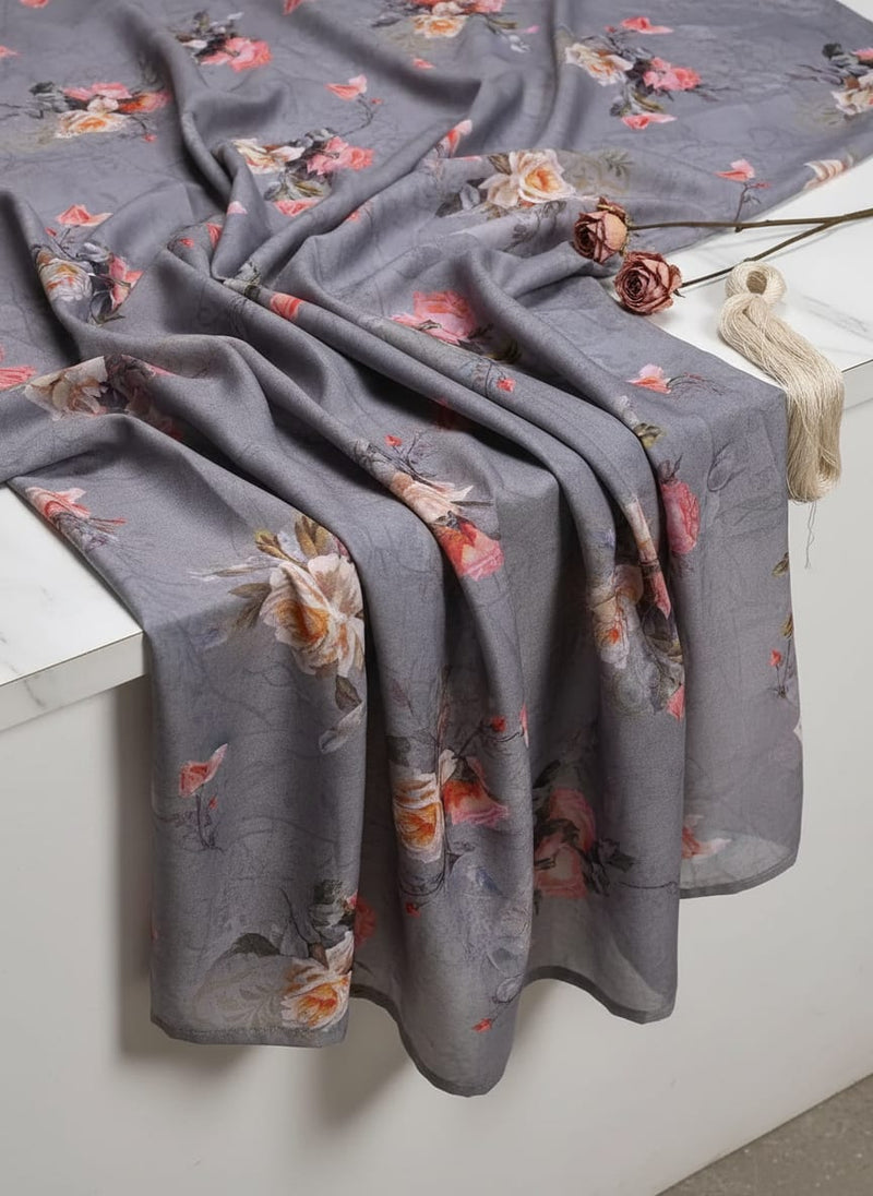 Grey and Pink Painterly Rose Floral Muslin Digital Printed Fabric