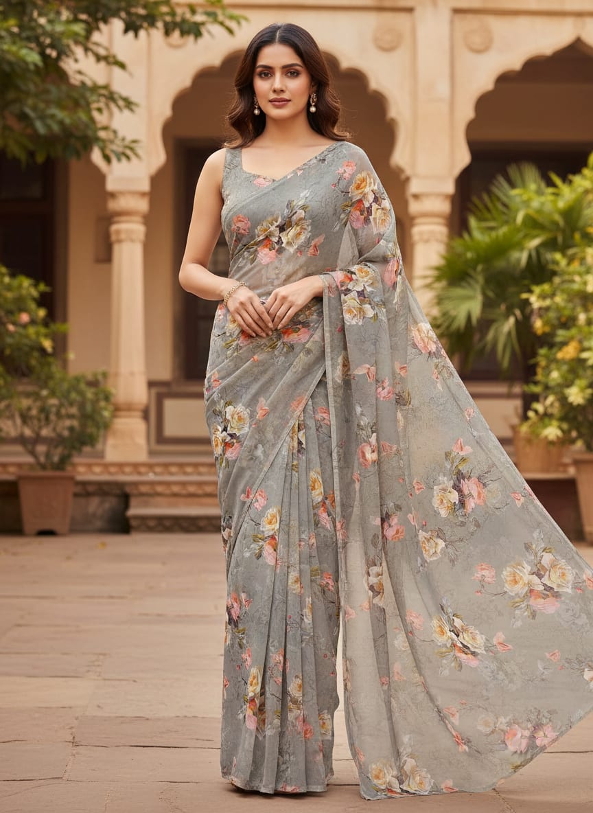 Grey Vintage Rose Floral Pure Chiffon Digital Printed Fabric